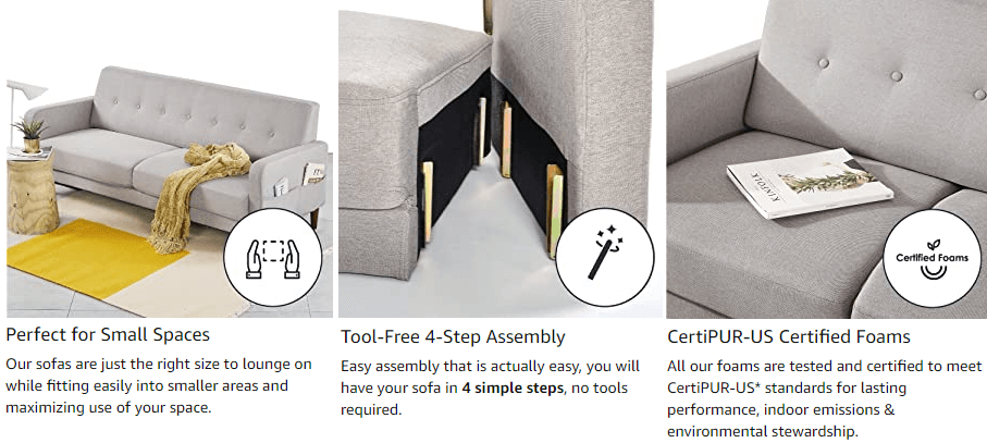 Ergonomic features of Mellow ADAIR Mid-Century Modern Loveseat Couch