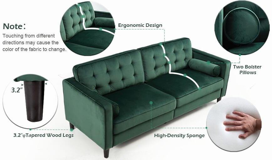 Esright Green Velvet Couch fabric & footing details