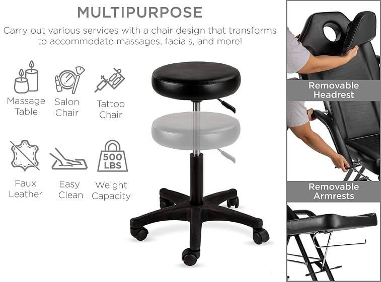 Multipurpose Massage Bed, Spa & Salon Facial, Tattoo Chair wHydraulic Stool Features